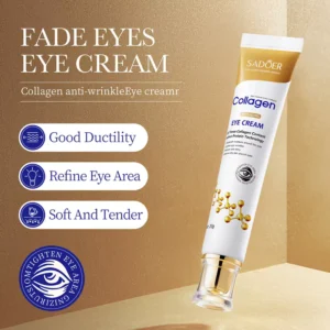 SADOER Collagen Eye Cream tube showing anti-wrinkle, firming, and skin refining benefits on a gold background.