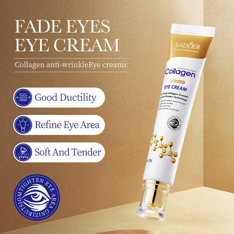 SADOER Collagen Eye Cream tube showing anti-wrinkle, firming, and skin refining benefits on a gold background.