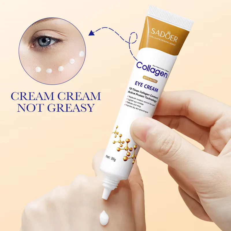 Hand holding SADOER Collagen Eye Cream tube demonstrating its lightweight, non-greasy texture.