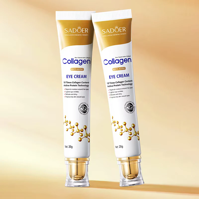 Two tubes of SADOER Collagen Anti-Aging Eye Cream standing on a warm golden background.
