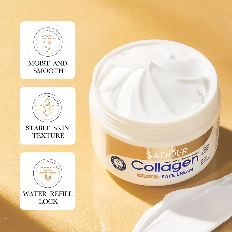 Open jar of SADOER Collagen Face Cream showing its creamy texture and moisturizing benefits.