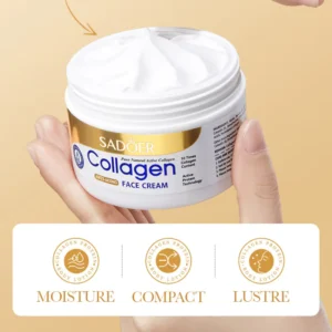 SADOER Collagen Face Cream showing creamy texture with moisture, compact, and lustre benefit icons.