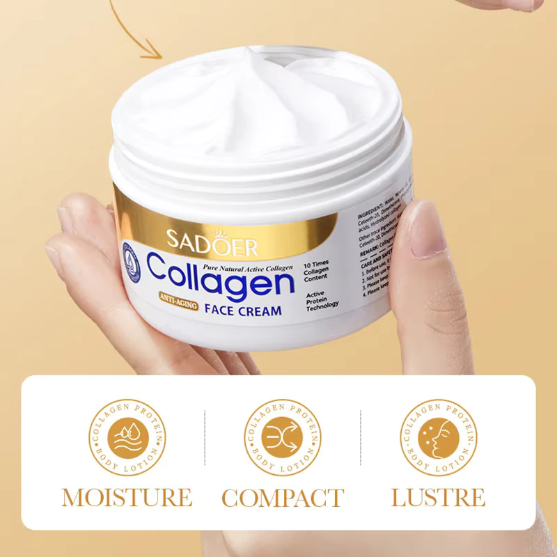 SADOER Collagen Face Cream showing creamy texture with moisture, compact, and lustre benefit icons.