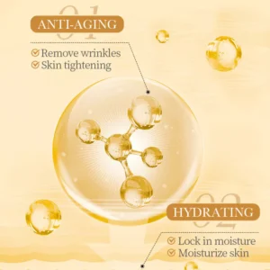 SADOER Collagen Face Cream graphic illustrating anti-aging and hydrating benefits with golden molecular imagery.