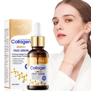 SADOER Collagen Face Serum bottle and packaging displayed with a woman featuring a youthful complexion.