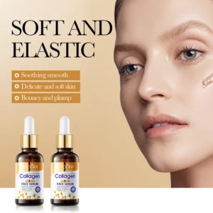 SADOER Collagen Face Serum bottles and a model demonstrating soft, elastic, and youthful skin.