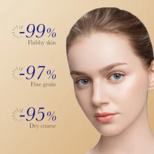 Model showcasing anti-aging results and skin improvements using SADOER Collagen Face Serum.