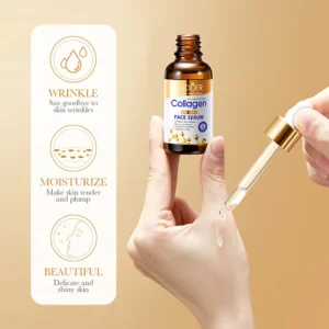 SADOER Collagen Face Serum applied from a dropper with infographic icons showing anti-aging benefits.