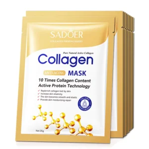 SADOER Collagen Face Sheet Mask stack highlighting active protein technology for hydrating and anti-aging skincare.