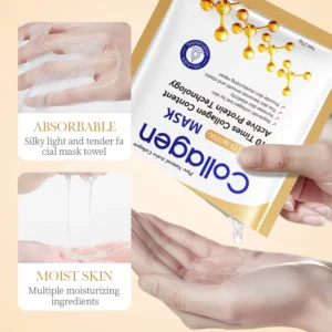 SADOER Collagen Face Sheet Mask hydrating serum being poured to replenish skin moisture and texture.