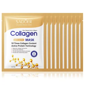 Stack of SADOER Collagen Face Sheet Mask packets for hydrating and replenishing skin moisture.