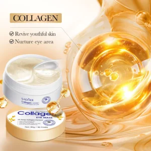 SADOER Crystal Collagen Eye Mask Patches tub and gel patches with a golden serum background.