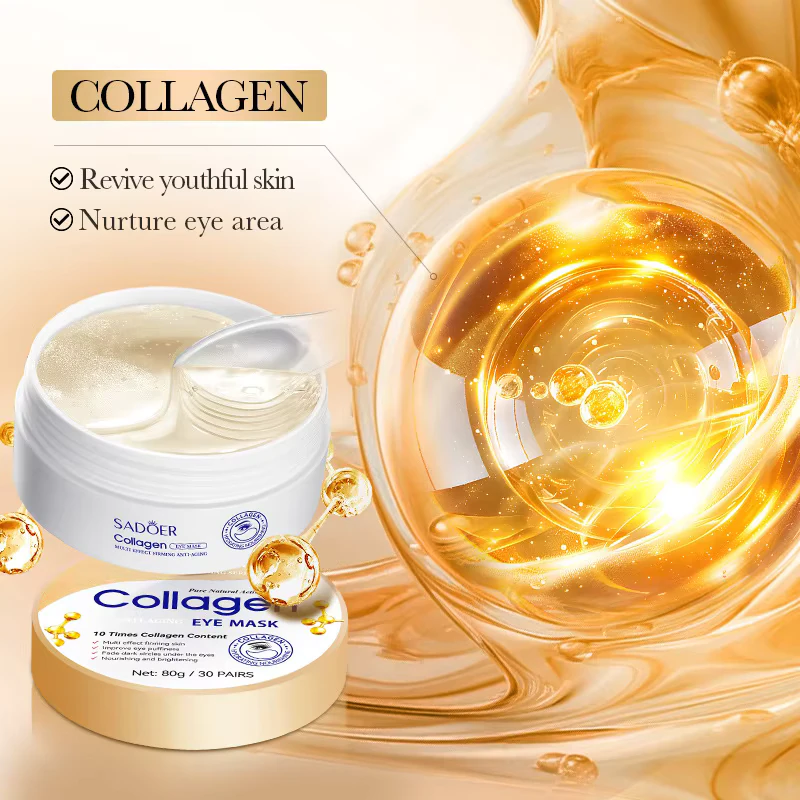 SADOER Crystal Collagen Eye Mask Patches tub and gel patches with a golden serum background.