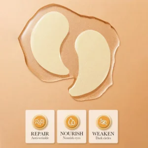 SADOER Crystal Collagen Eye Mask Patches in serum with repair and nourish icons.