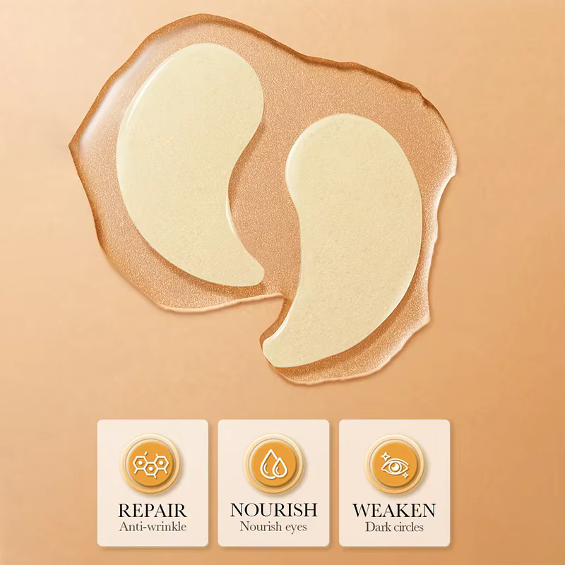 SADOER Crystal Collagen Eye Mask Patches in serum with repair and nourish icons.