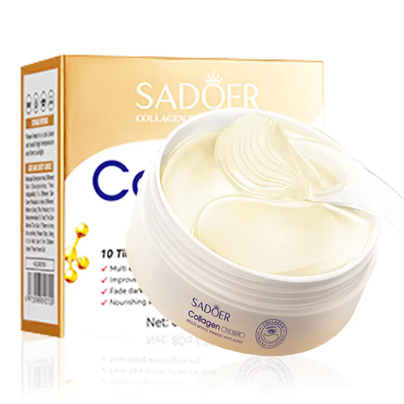 SADOER Crystal Collagen Eye Mask Patches in an open jar showing hydrating gel eye masks.