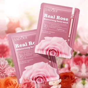 SADOER Real Rose moisturizing facial mask packets displayed over a botanical background of pink roses.