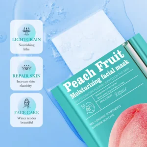 SADOER Peach Fruit Moisturizing facial mask packaging with white sheet mask and peach illustration.