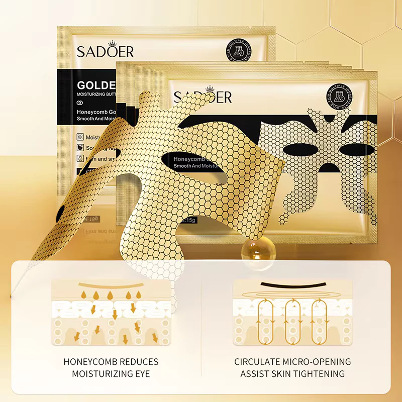 SADOER Golden Butterfly Eye Mask sachets and mask piece featuring a double-layer honeycomb texture.