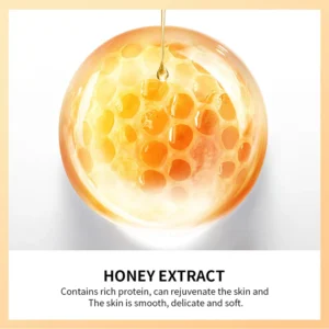Honey extract ingredient highlight for SADOER Golden Butterfly Eye Mask showcasing skin rejuvenation benefits.