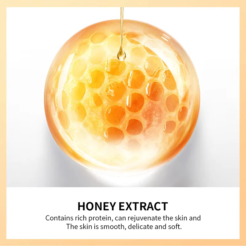 Honey extract ingredient highlight for SADOER Golden Butterfly Eye Mask showcasing skin rejuvenation benefits.