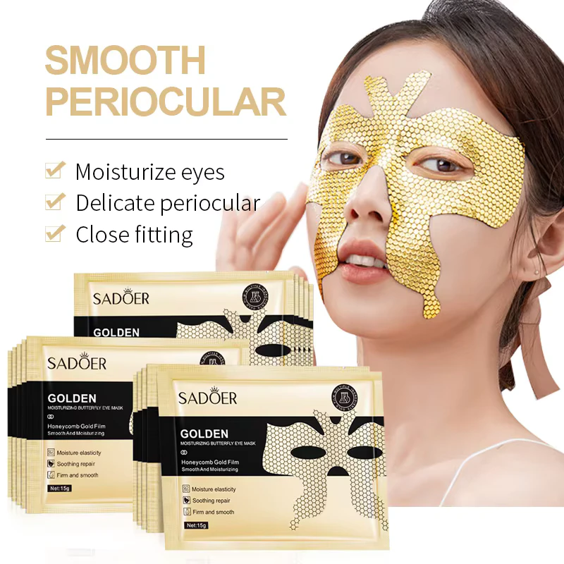 Model wearing SADOER Golden Butterfly Eye Mask next to product packaging for periocular care.