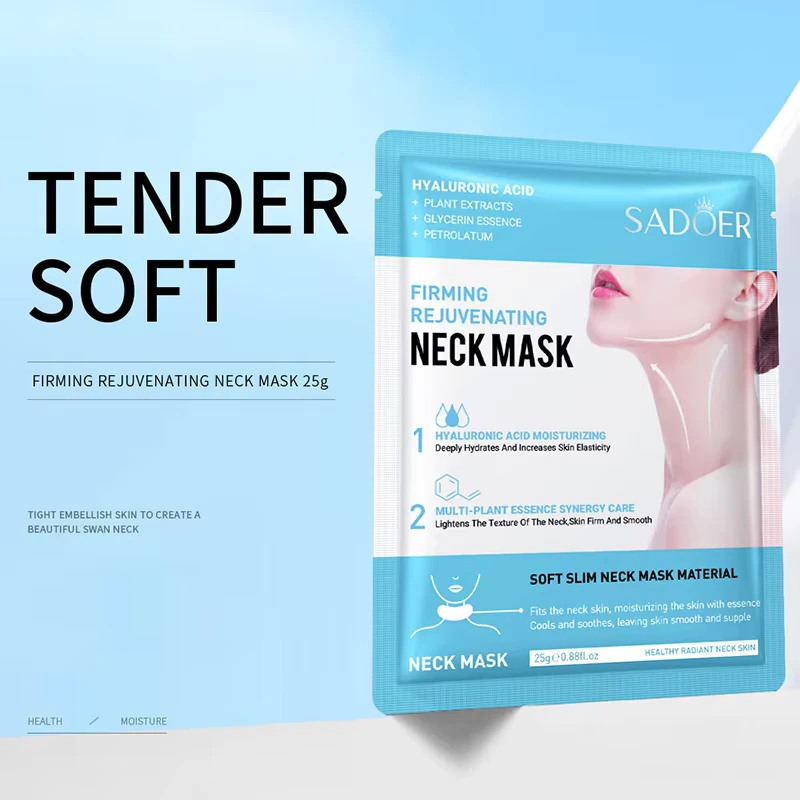 SADOER Hyaluronic Acid Neck Mask packaging highlighting hydrating plant extracts and firming rejuvenating benefits.