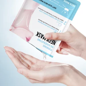 Pouring moisture-rich essence from a SADOER Hyaluronic Acid Neck Mask packet into a hand.