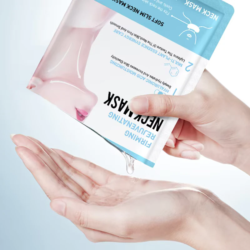 Pouring moisture-rich essence from a SADOER Hyaluronic Acid Neck Mask packet into a hand.