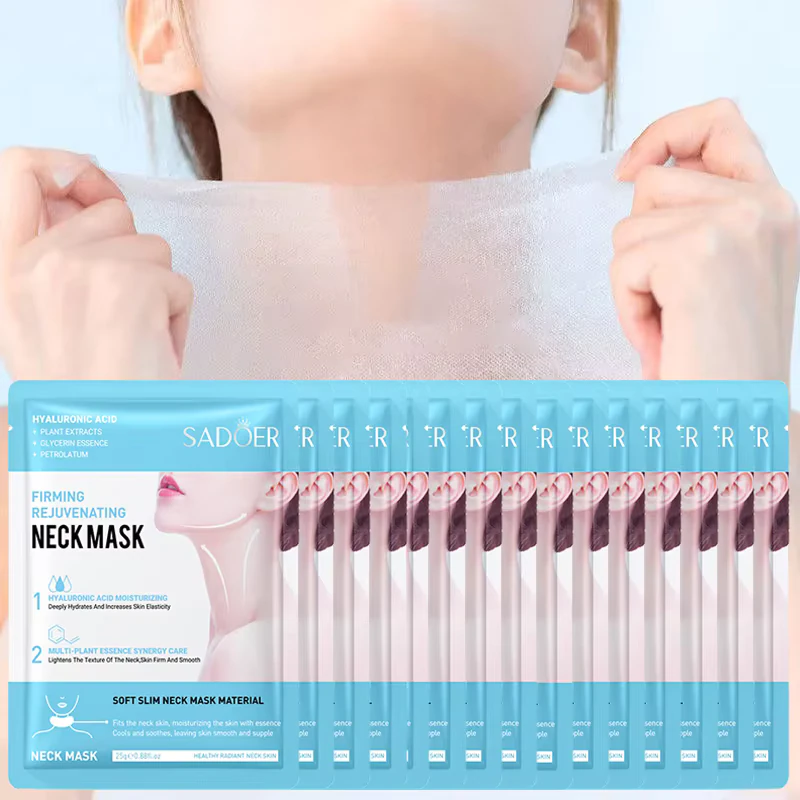 SADOER Hyaluronic Acid Neck Mask packaging and application for firming and hydrating the neck.