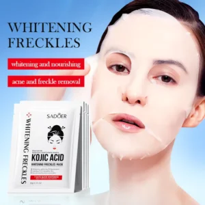 Woman wearing a SADOER Kojic Acid Face Sheet Mask next to product packaging for skin brightening.