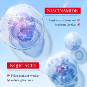 SADOER Kojic Acid Face Sheet Mask infographic featuring Niacinamide and Kojic Acid for skin brightening.
