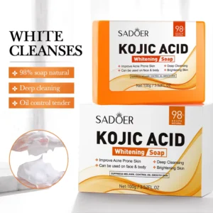 SADOER Kojic Acid Soap bar and box packaging featuring lather for deep cleansing.