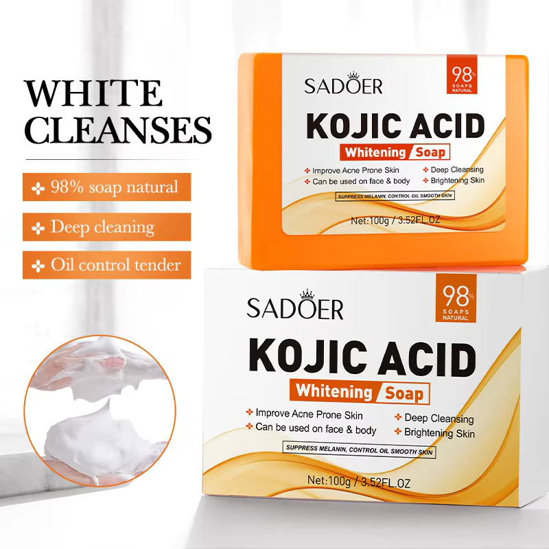 SADOER Kojic Acid Soap bar and box packaging featuring lather for deep cleansing.