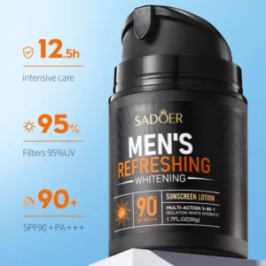 SADOER Men’s Sunscreen Lotion highlighting high-protection SPF90 and refreshing, lightweight broad-spectrum filters.