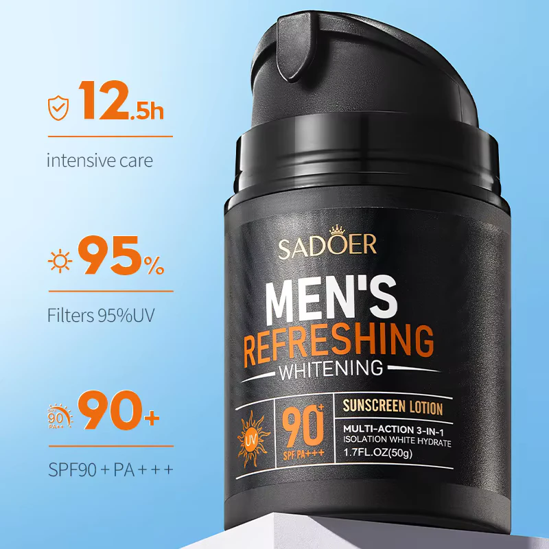 SADOER Men’s Sunscreen Lotion highlighting high-protection SPF90 and refreshing, lightweight broad-spectrum filters.