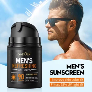 SADOER Men’s Sunscreen Lotion SPF 90+ providing broad-spectrum UV protection and improved skin complexion.