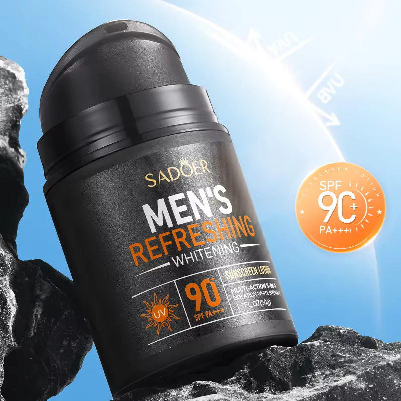 SADOER Men’s Sunscreen Lotion SPF 90 PA+++ bottle on dark rocks under a sunny sky.
