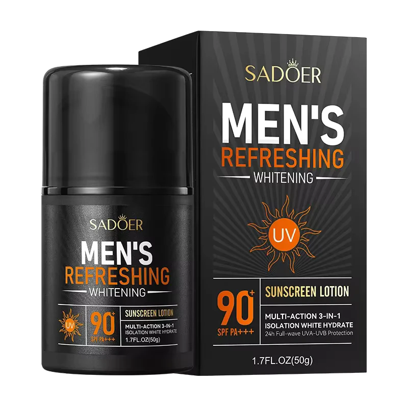 SADOER Men’s Sunscreen Lotion bottle and box showcasing SPF 90+ broad-spectrum UV protection.