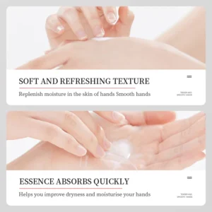 Close-up of hands applying SADOER Niacinamide Arbutin Hand Cream showing its fast-absorbing, refreshing texture.