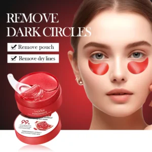Model wearing SADOER Pomegranate Eye Mask Patches to reduce dark circles and eye puffiness.