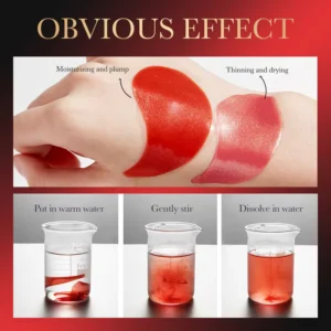 SADOER Pomegranate Eye Mask Patches demonstrating absorption thinning and water-soluble gel dissolving.