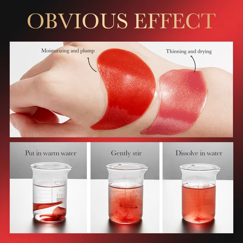 SADOER Pomegranate Eye Mask Patches demonstrating absorption thinning and water-soluble gel dissolving.