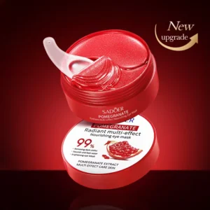 SADOER Pomegranate Eye Mask Patches in an open jar showing red hydrogel patches.