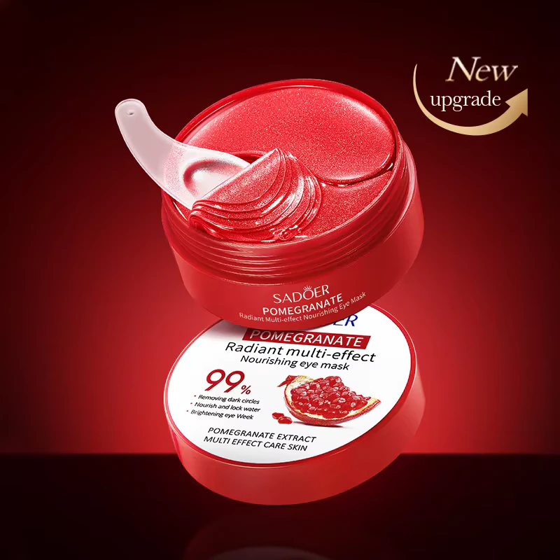 SADOER Pomegranate Eye Mask Patches in an open jar showing red hydrogel patches.