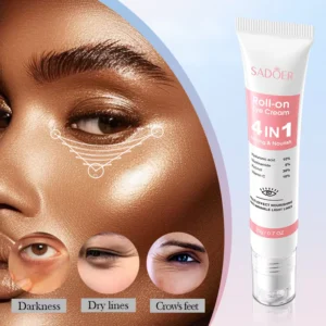 SADOER Roll-On Eye Cream showing treatments for eye darkness, dry lines, and crow's feet.