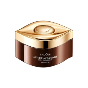 SADOER Caffeine Anti-Wrinkle Eye Cream in a sleek brown jar with a gold eye-shaped lid.