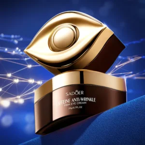 SADOER Caffeine Anti-Wrinkle Eye Cream jar featuring a gold eye-shaped lid.