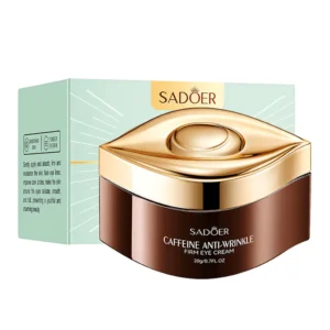 SADOER Caffeine Anti-Wrinkle Eye Cream jar and packaging box for smoothing delicate eye contours.