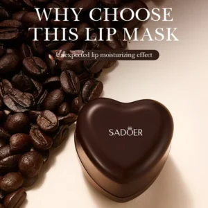 SADOER Coffee Hydrating Lipstick heart-shaped container displayed with roasted coffee beans for moisturizing care.